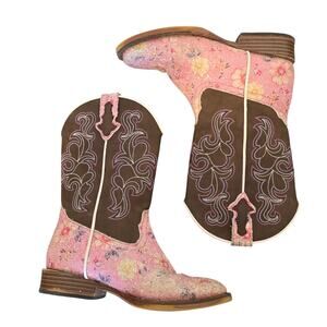 Roper Girls Glitter Floral Square Toe Pink Cowgirl Boots Kid Size 12 Western EUC